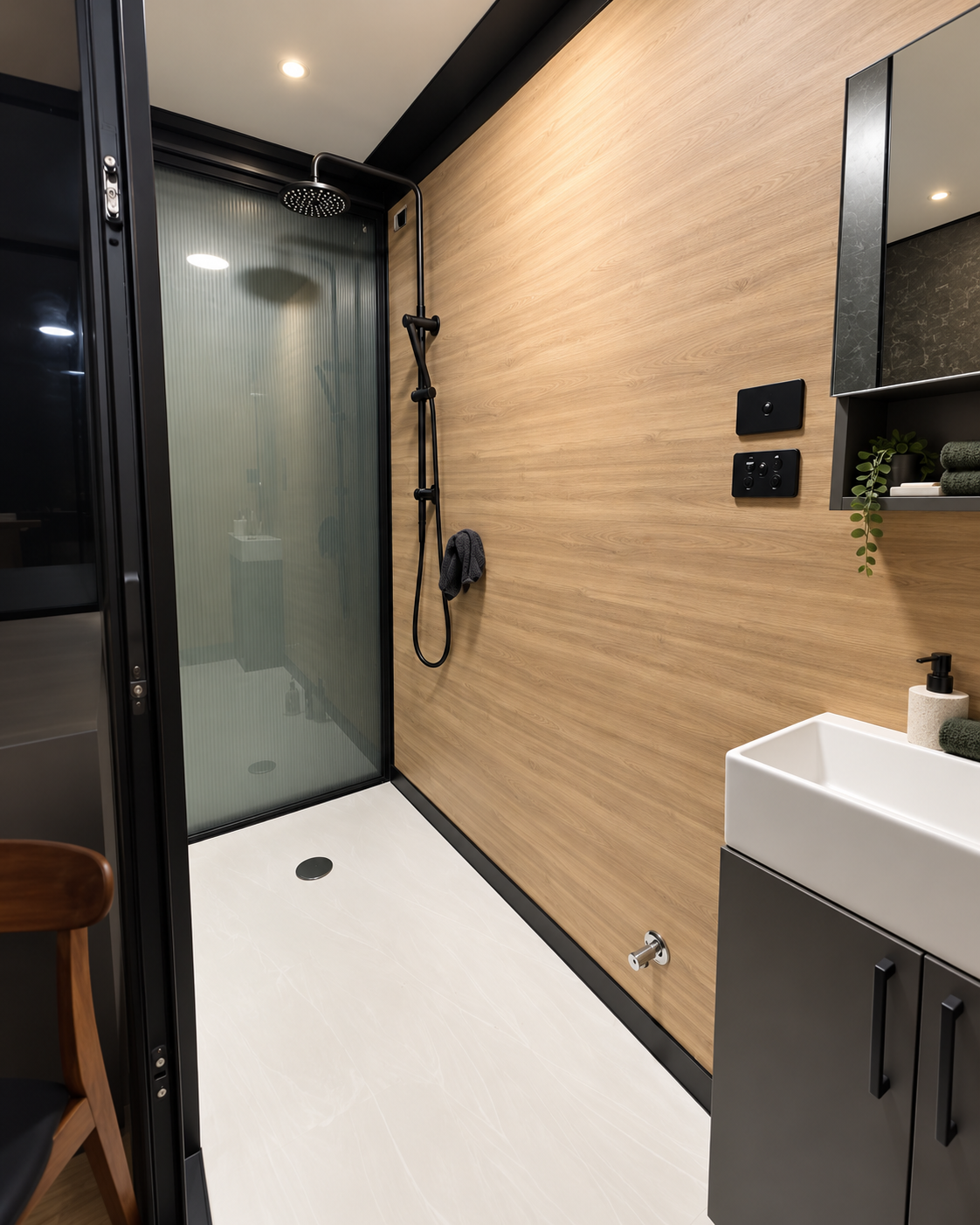 Modern bathroom with rainfall shower and vanity