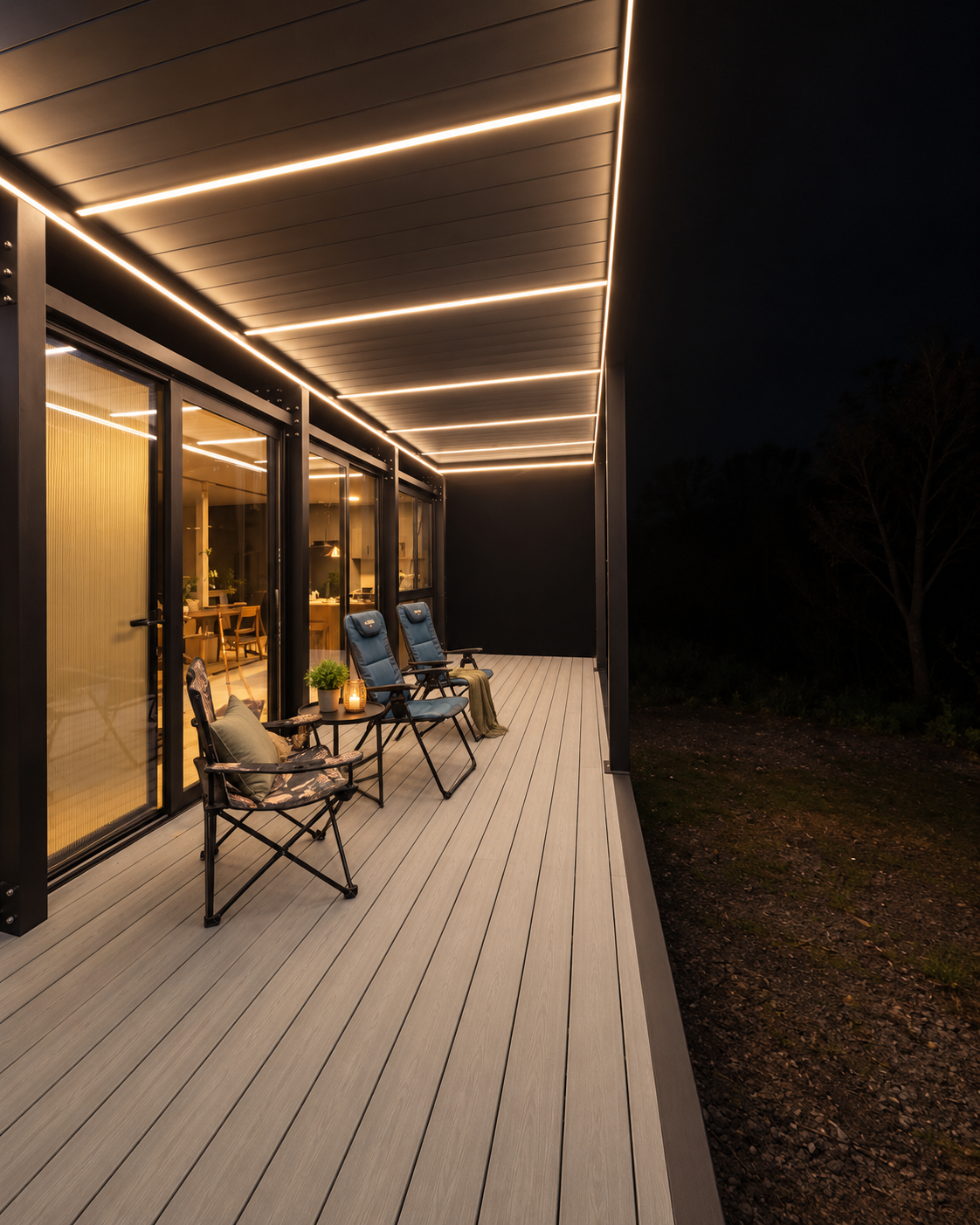Covered private deck illuminated at night with outdoor seating