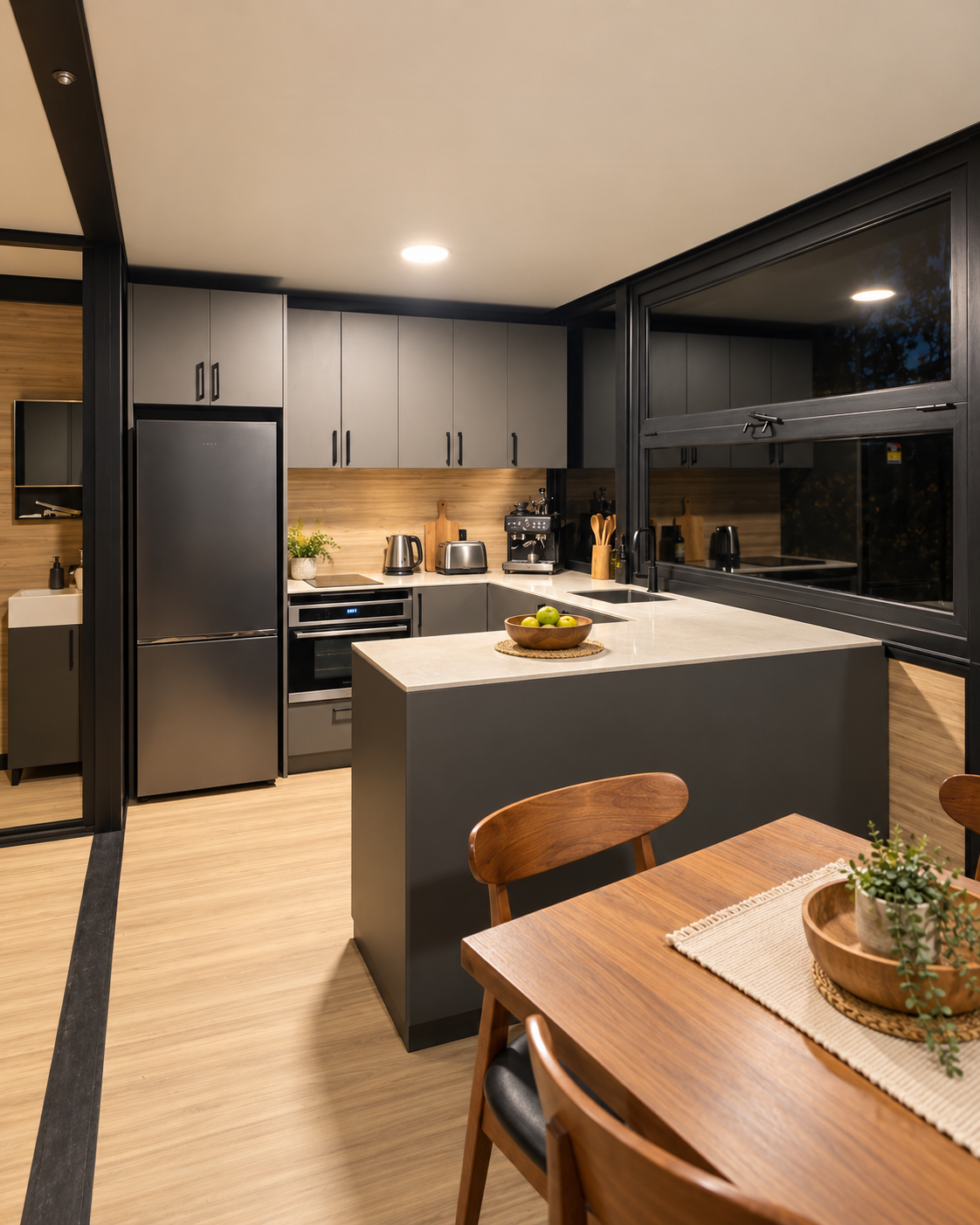 Fully equipped modern kitchen with island and dining table
