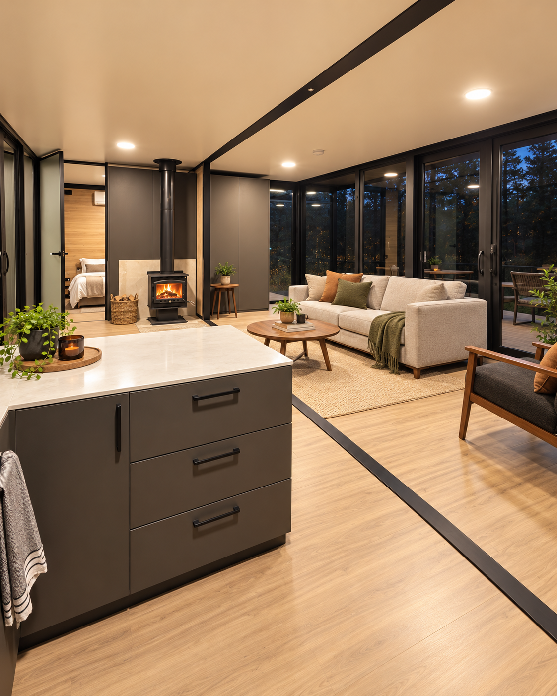 Open-plan kitchen and living room with a glowing wood fire