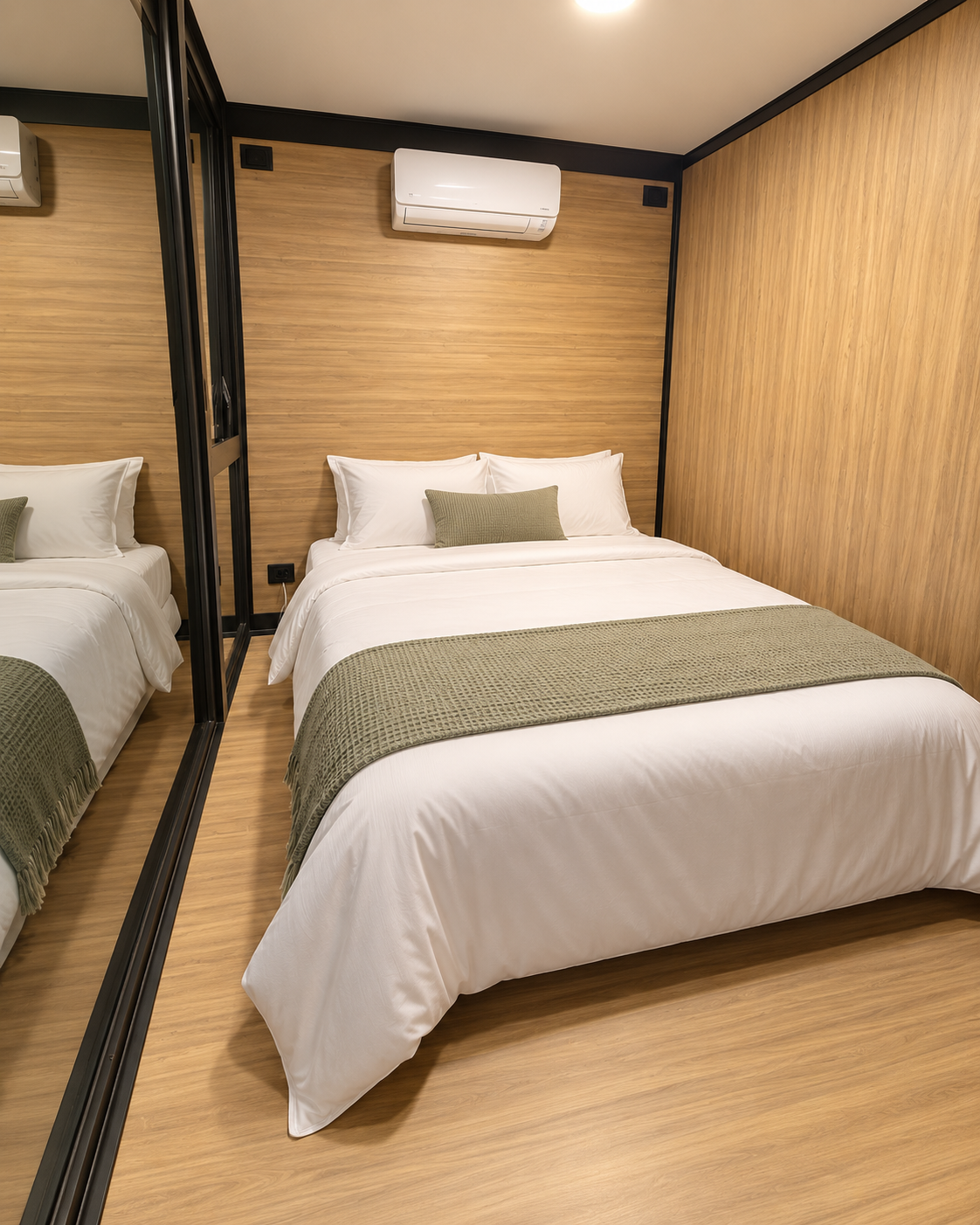 Queen bedroom with crisp white bedding and timber finishes