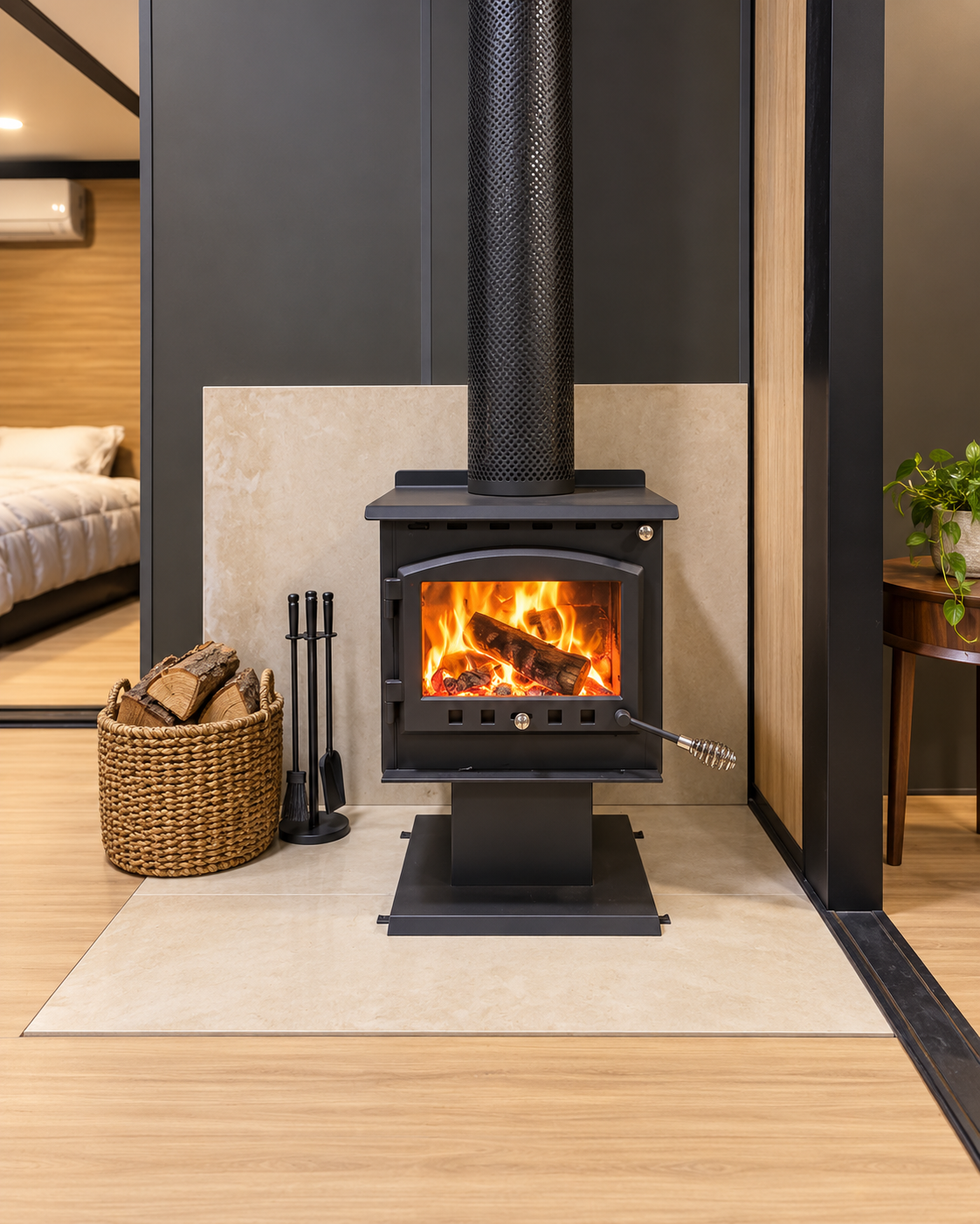 Wood-burning fire with a basket of split firewood